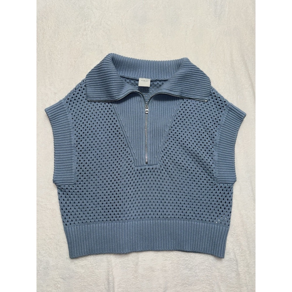 Varley Women's Mila Half Zip Knit Sweater Top Blue Cotton Chunky Mesh Sz Large